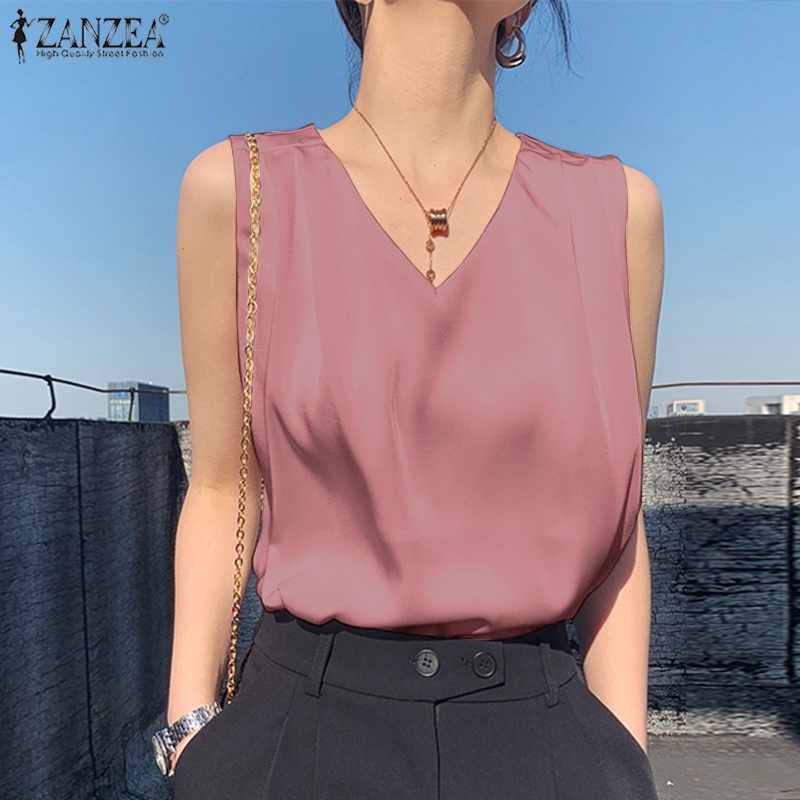 Áo kiểu ZANZEA satin không tay cổ chữ V thời trang dành cho nữ