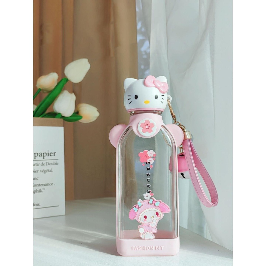 Bình Sữa Thủy Tinh Hình Mèo Hello Kitty Siêu Dễ Thương Có Ống Hút Kiểu Âu Mỹ