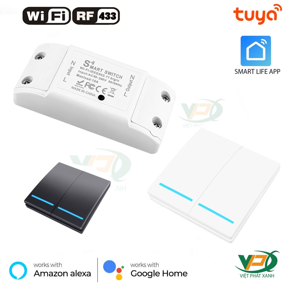 Công tắc thông minh wifi tuya smart life kết hợp nút nhấn dán tường RF433