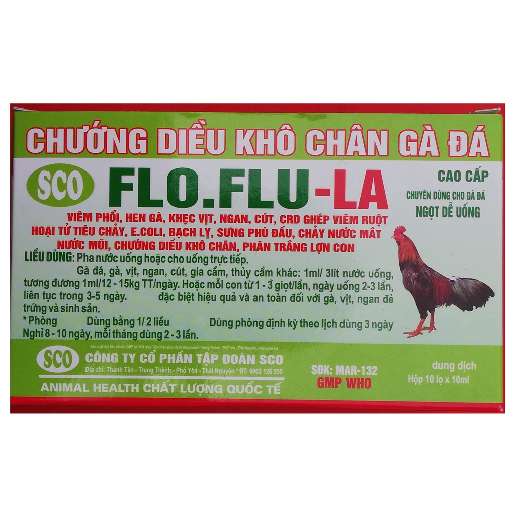 1 lọ FLO-FLU-LA 10ml Chuyên dùng cho gà đá mắc viêm phổi, hen, CRD, viêm ruột, chướng diều khô chân, phân trắng