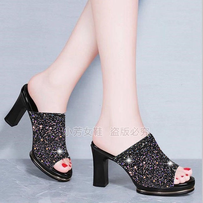 Dép Cao Gót 5CM / 8CM Đế Xuồng Dày Dặn Đính Đá Chống Thấm Nước Thời Trang Mùa Hè Cho Nữ