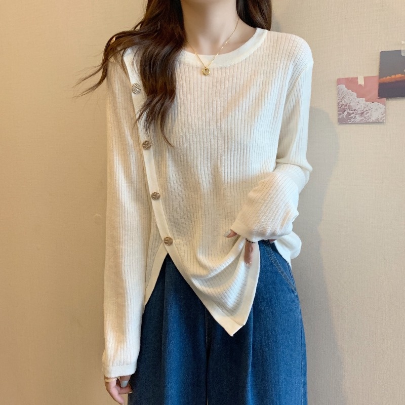 Áo nữ dệt kim ZHELIHANGFEI tay dài dáng rộng tà xẻ độc đáo dễ phối đồ