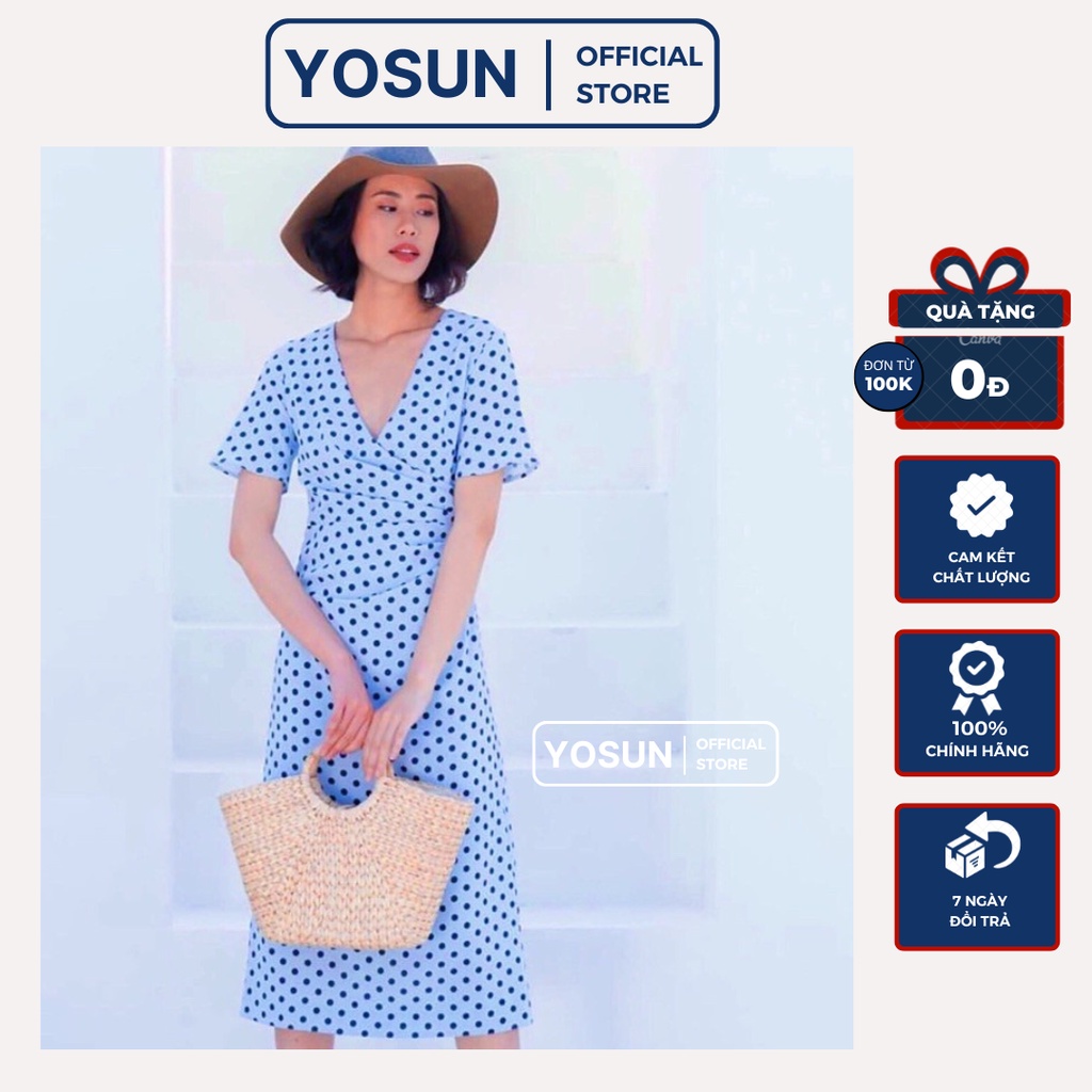 Đầm Nữ Đi Du Lịch Cổ V Đắp Chéo Ngực Xếp Li Eo Hiện Đại, Đầm Nữ Tay Lỡ Chấm Bi Màu Xanh Biển