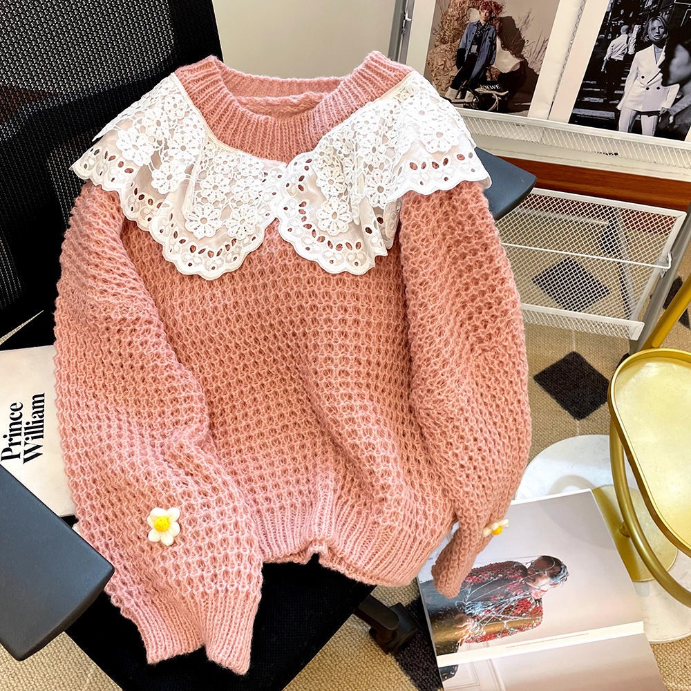 Áo sweater Cổ Búp Bê Phối Ren Rỗng Thiết Kế Thanh Lịch Cho Nữ