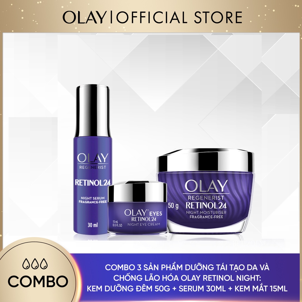 Combo 3 Sản Phẩm OLAY Retinol Tái Tạo Da Và Chống Lão Hóa Toàn Diện: Kem Dưỡng 50g + Kem Mắt 15ml + Tinh Chất 30ml