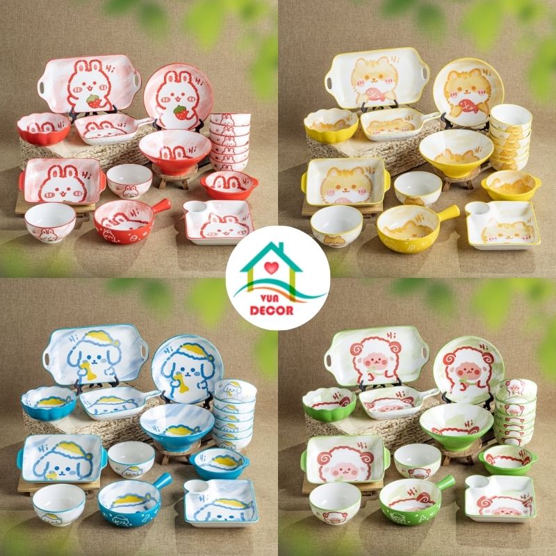 Bát ăn cơm, bộ chén dĩa sứ dễ thương, decor hình con vật ngộ nghĩnh Set 17 món