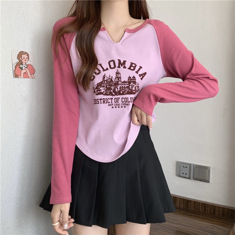 Áo Thun Ngắn Dáng Ôm In Họa Tiết Màu Sắc Tương Phản Kiểu Retro Mỹ Thời Trang