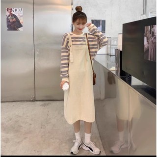 Yếm váy nhung tăm dáng dài phong cách ulzzang Hàn Quốc, đi học, đi chơi, đi làm