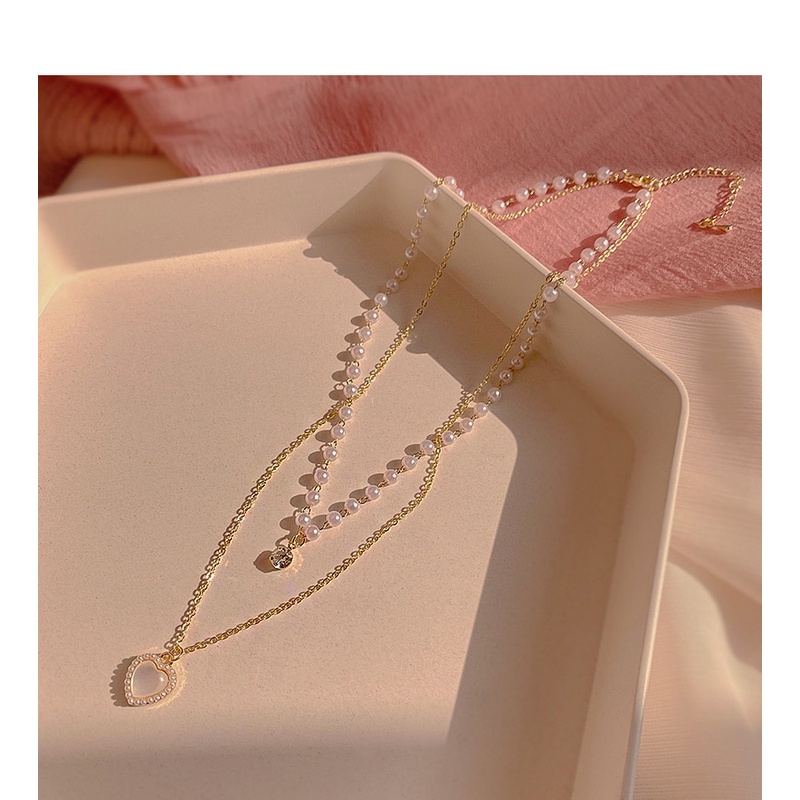 Vòng cổ Hai Lớp Đính Ngọc Trai Hình Trái Tim Sang Trọng Phong Cách Hàn Quốc Cho Nữ