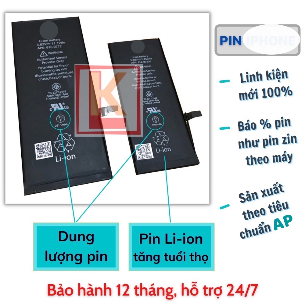 Pin điện thoại TKBS 5 5S 6 6S 7 8 Plus X Xs Xr Xsmax dung lượng chuẩn, tặng kèm kéo dán và tua vít - BH 12 tháng