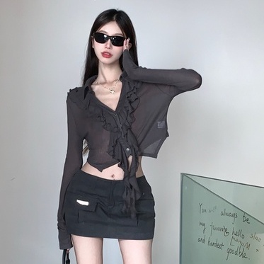 QKOOLE  Áo croptop Dệt Kim Tay Dài Cổ Chữ V Phong Cách Hàn Quốc Cho Nữ