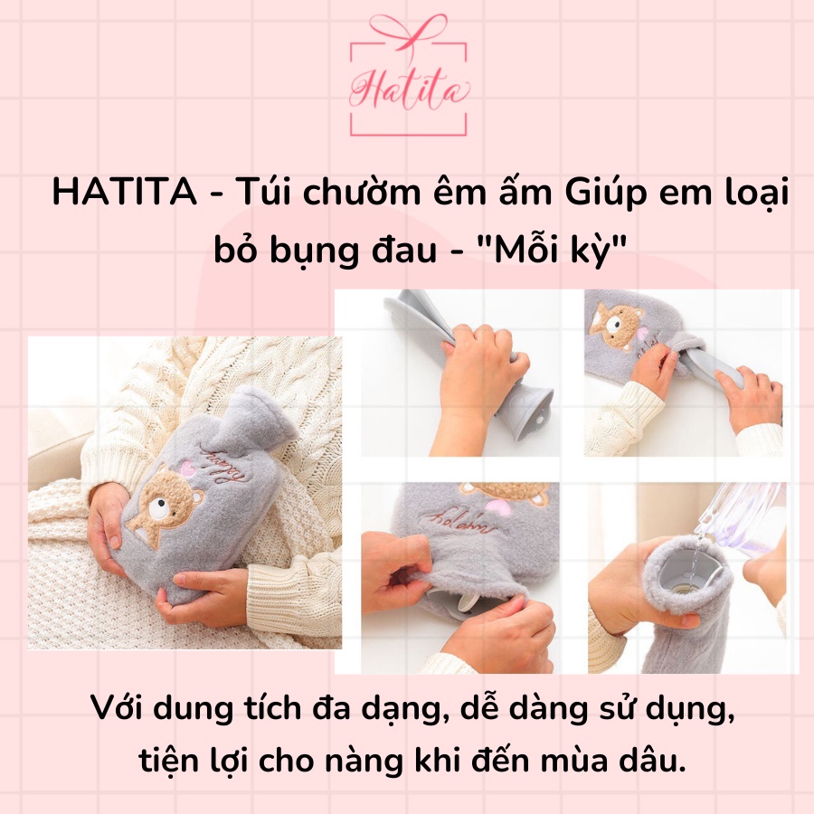 Túi chườm nóng đau bụng kinh Hatita Grey Cow 1000ml - 5 món sưởi ấm giữ nhiệt giảm đau bụng Quà tặng bạn gái, 20-10