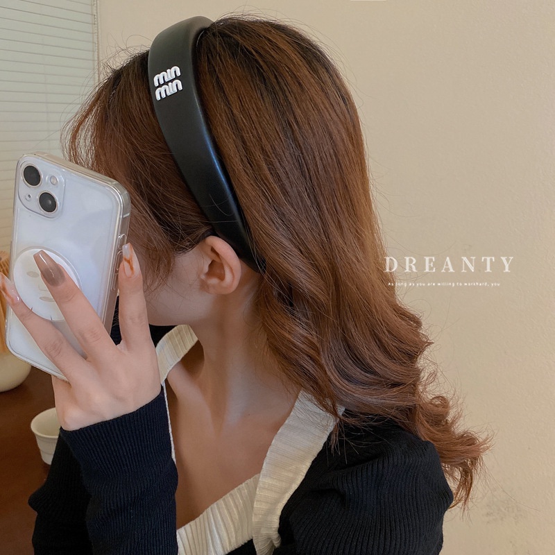 Băng Đô Da Bản Rộng In Chữ Phong Cách Hàn Quốc Thời Trang Cho Nữ