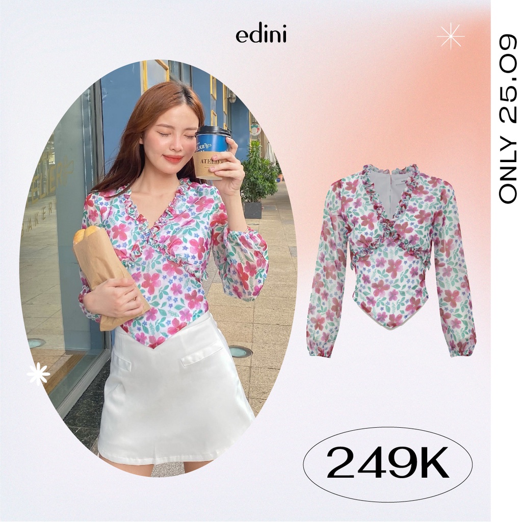 Áo Kiểu Tay Phồng Phối Bèo Nền Hoa - EDINI - A1432