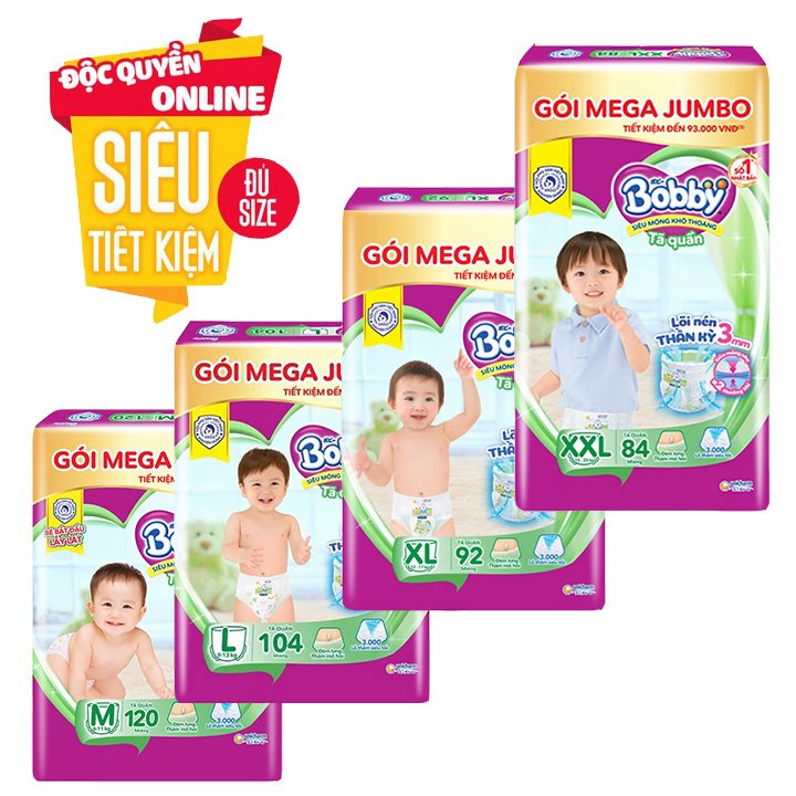 Tã bỉm quần Bobby gói Mega Jumbo M120 L96 L96+12 XL84 XL84+12 XXL76+12