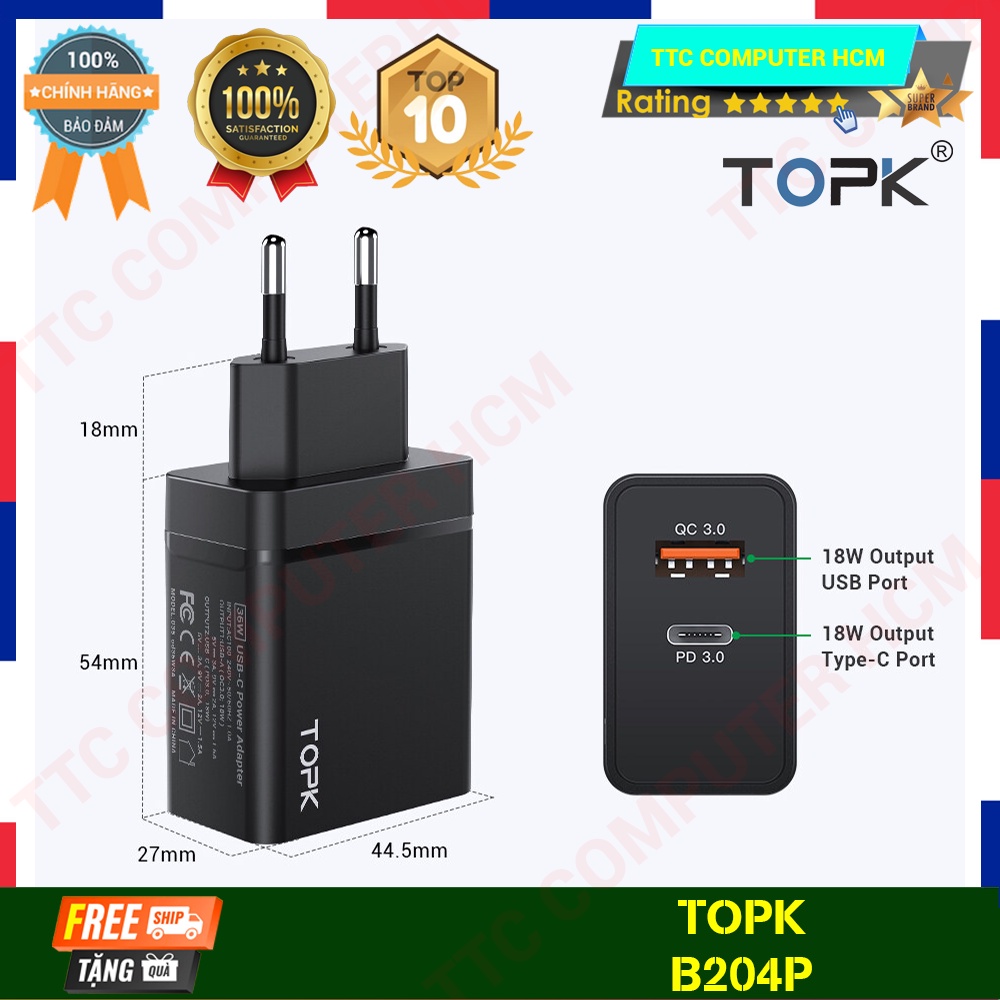 TOPK B204P | Cốc Sạc Nhanh TOPK B204P USB 3.0 36w - HÀNG CHÍNH HÃNG TTC COMPUTER HCM