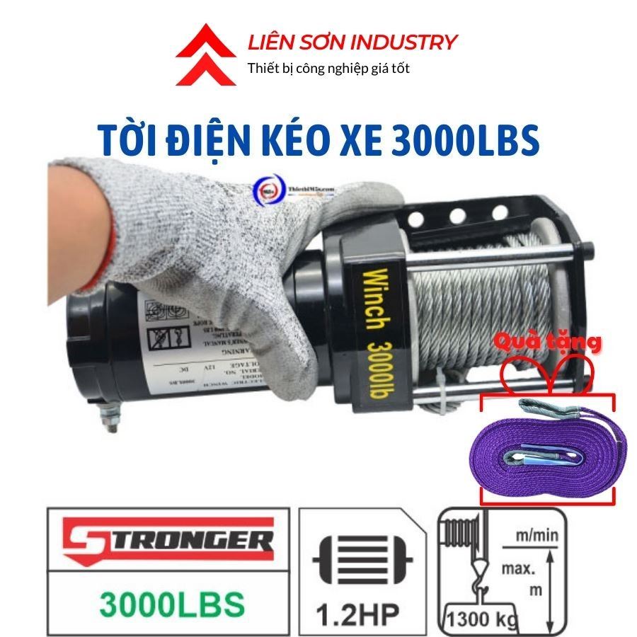Tời điện kéo xe Stronger, lực kéo 3000lbs tải trọng kéo 1363kg, cáp 4.8ly dài 9m, phanh cơ khí, động cơ 12V DC