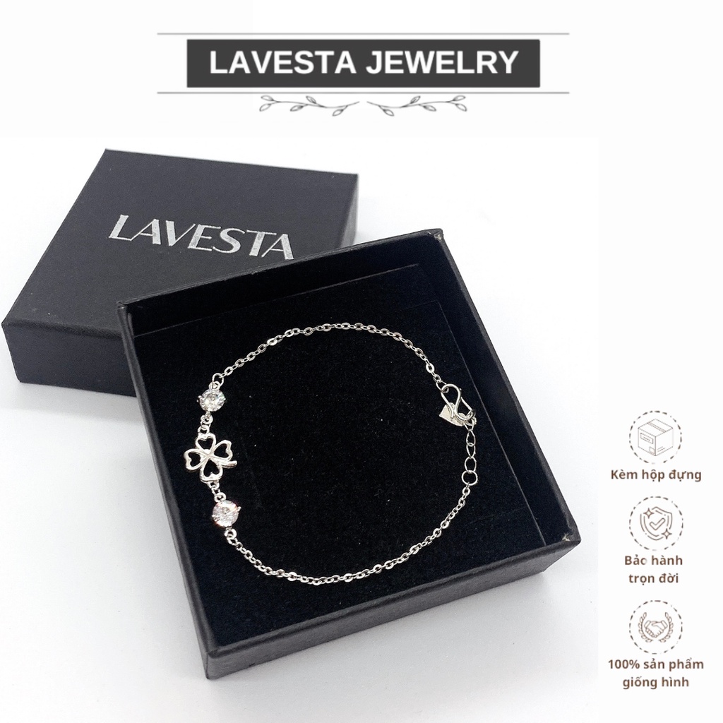 Lắc tay nữ bạc ta S999 nguyên chất Lavesta SUN592 mặt cỏ bốn lá đính viên pha lê kèm charm trái tim thanh lịch
