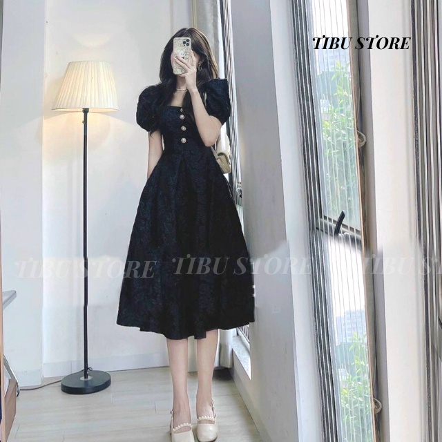 Đầm Dự Tiệc Cổ Vuông Tay Phồng Phối Nút Ulzzang TIBU, Váy Nữ Xoè Dáng Dài Chất Xốp Gấm Cao Cấp Cực Xinh