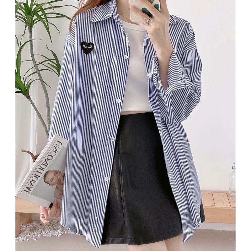 Áo sơ mi nữ kẻ sọc logo tay dài form rộng chất đẹp hàng Quảng Châu ANDOSA SM30