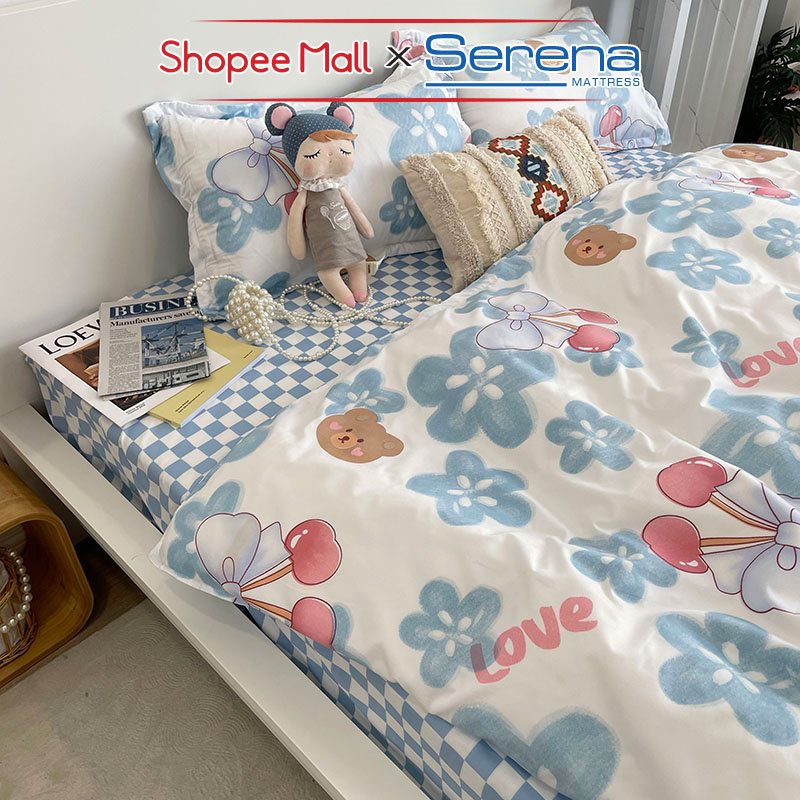 Bộ Ga Giường Chần Bông Full 5 Món Cotton Poly SERENA MATTRESS Chăn Ga Grap Ra Drap Gối Đệm Nệm Trải Phủ Giường Trần Bông