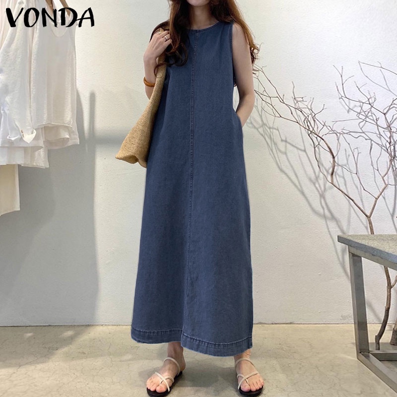Đầm denim Vonda dài dáng chữ A không tay cổ tròn màu trơn có túi hông phong cách mùa hè Hàn Quốc cho nữ