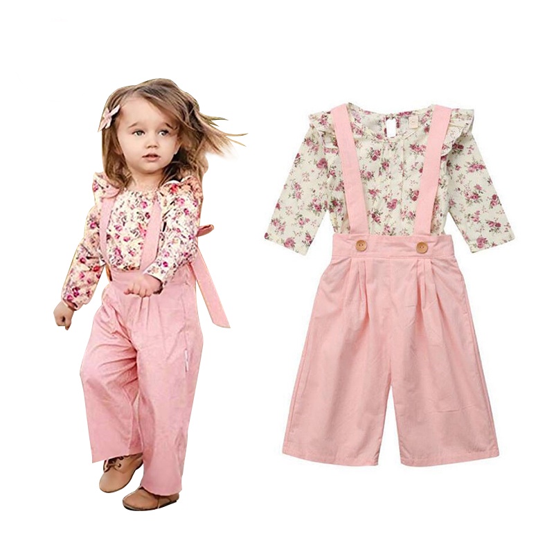 Bộ đồ MIKRDOO gồm áo thun tay dài và quần yếm in hoa cho bé gái 1-5 tuổi