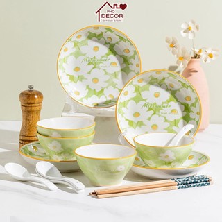 Bộ Chén Đĩa Phố Decor Chất Liệu Gốm Sứ Hoa Tiết Hoa Trắng Nền Xanh MidSummer Phong Cách Nhật Bản