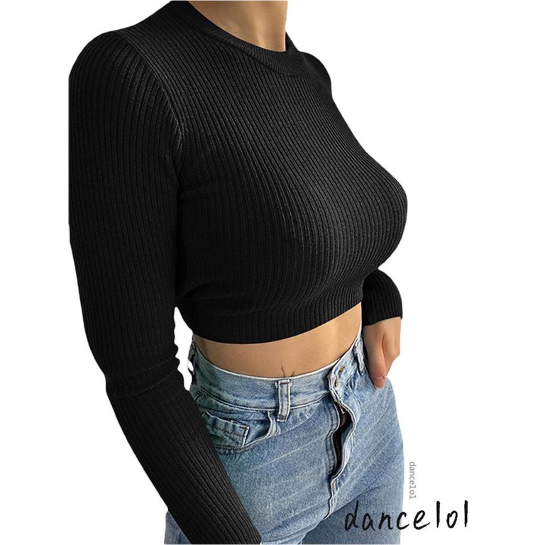 Áo Dệt Kim Nữ Tay Dài Cổ Tròn Hở Lưng Màu Sắc Trơn 1O1