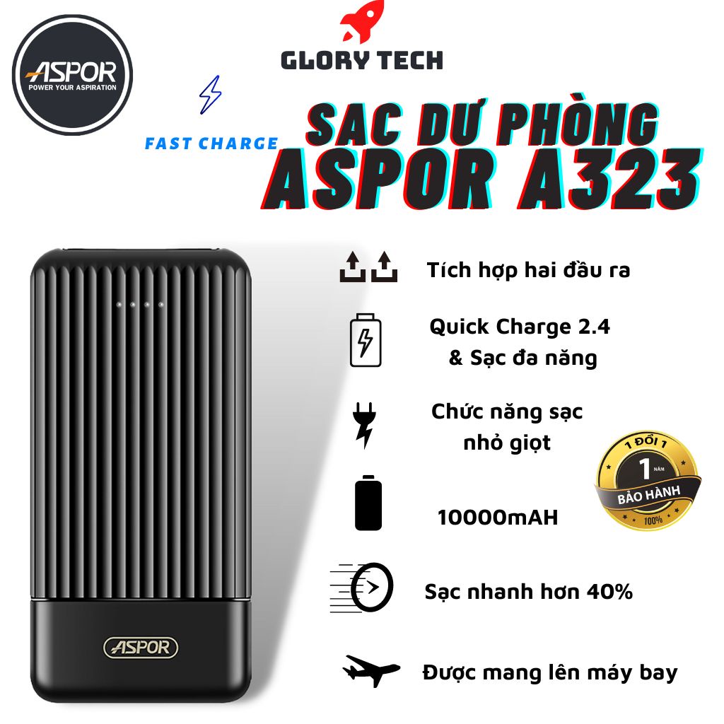 🎁TẶNG DÂY SẠC🎁Sạc dự phòng giá rẻ ASPOR A323 10.000mAH + 2 Cồng Tích hợp sạc nhanh 37W cho Điện Thoại| Tablet| Laptop