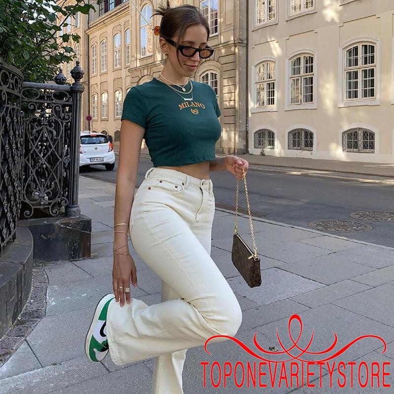 Áo Thun Lửng Ngắn Tay Thêu Chữ Thời Trang Cho Nữ