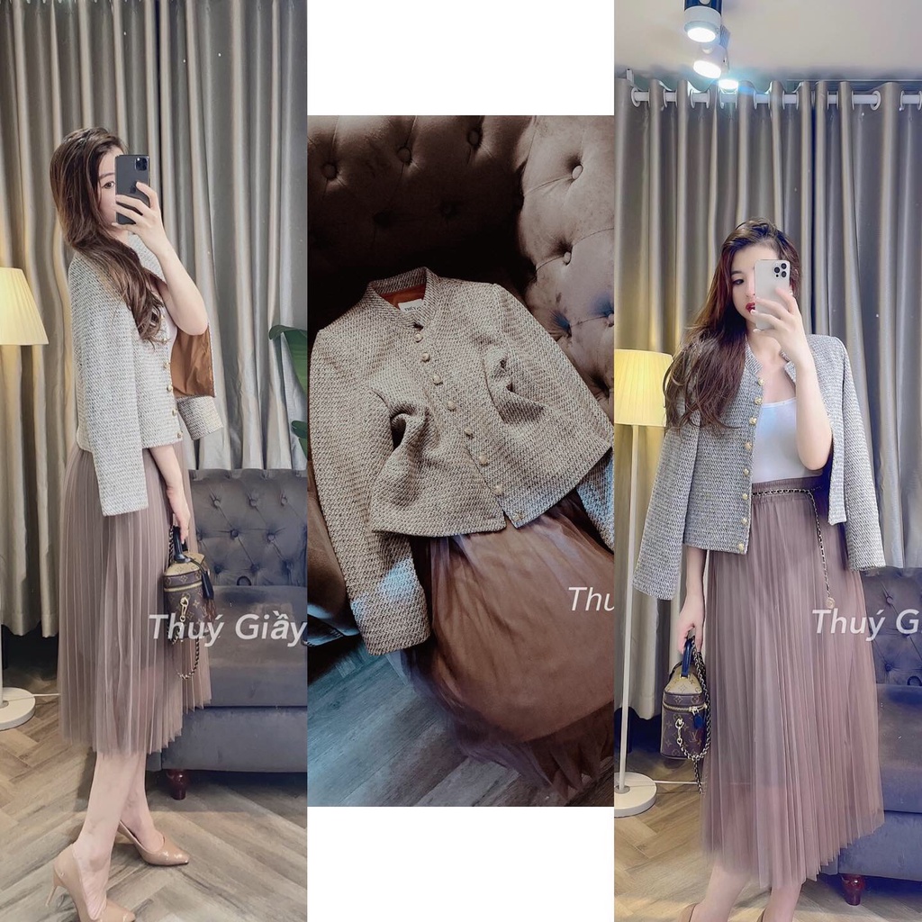 Áo dạ Tweed cổ tàu ghi cao cấp by thuygiayvnxk
