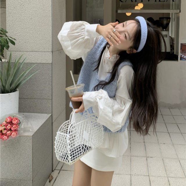 Chất Lượng Tốt Nhân Tạo Dễ Thương Đặc Biệt Áo Vest Dệt Kim Màu Xanh Da Trời Trong Suốt Nhỏ Nhắn Nhân Tạo Màu Xanh Lam + Dệt Kim