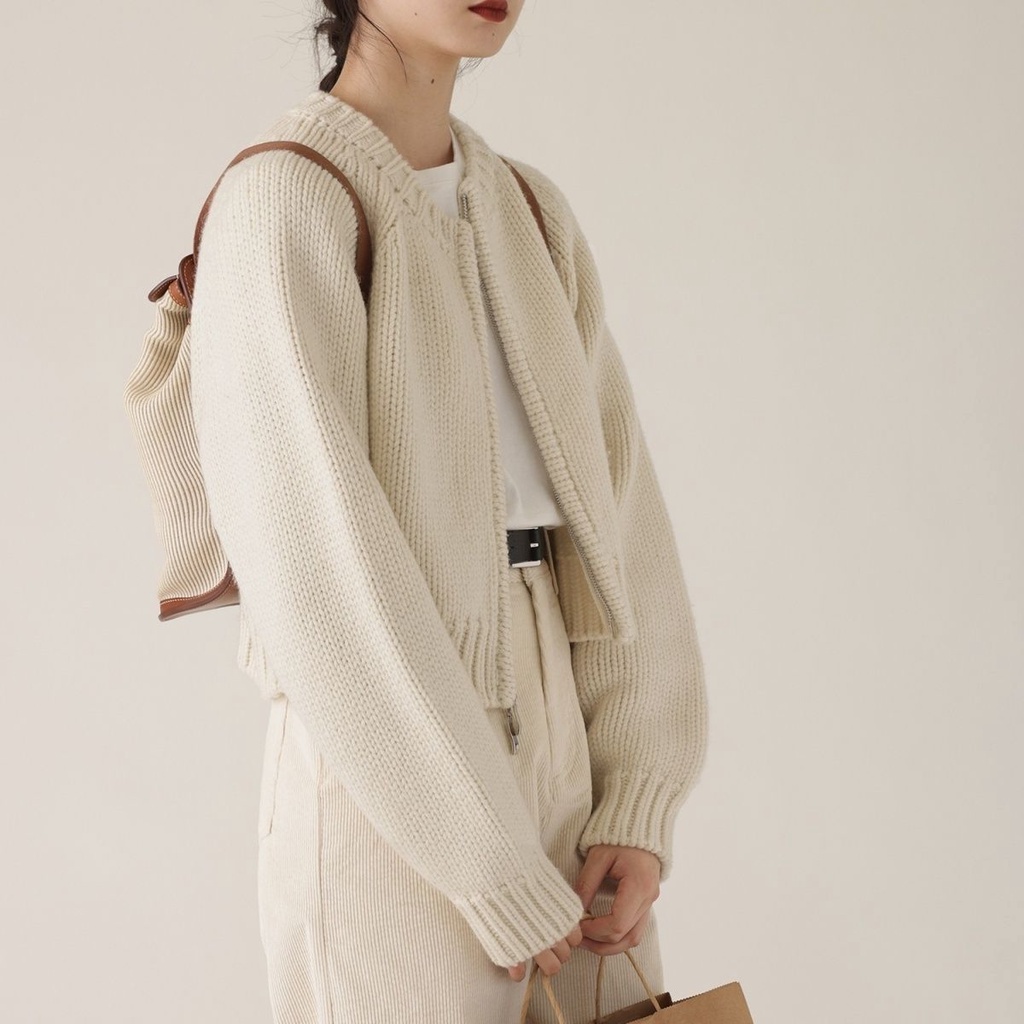 Áo Khoác Cardigan Dệt Kim Phối Khóa Kéo Phong Cách Pháp