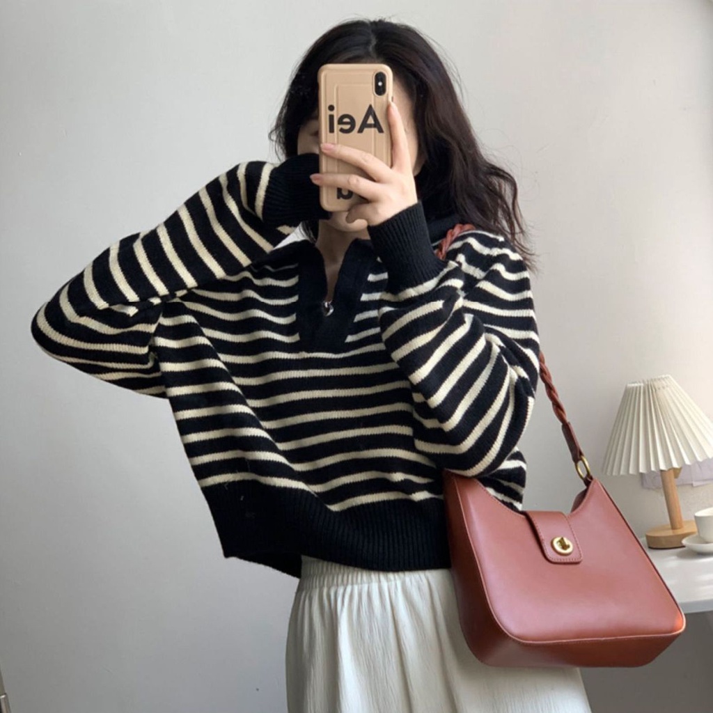 Áo Len Cánh Dơi Ngắn Cổ Chữ V Họa Tiết Kẻ Sọc Màu Tương Phản Thời Trang Hàn Quốc Mới Cho Nữ