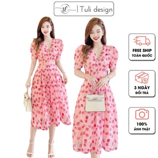 Váy hoa nhí màu hồng cổ V tay bồng siêu xinh V0026 | Tuli design | Đầm hoa nhí