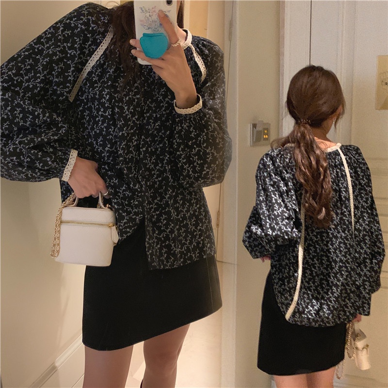 Áo sơ mi SUXI tay dài dáng rộng họa tiết hoa cổ điển phong cách Hàn Quốc thời trang dành cho nữ