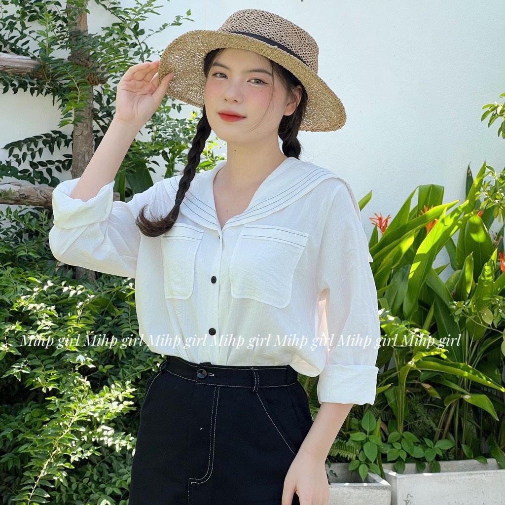 Áo thủy thủ bèo vai họa tiết, áo kiểu nữ tay dài