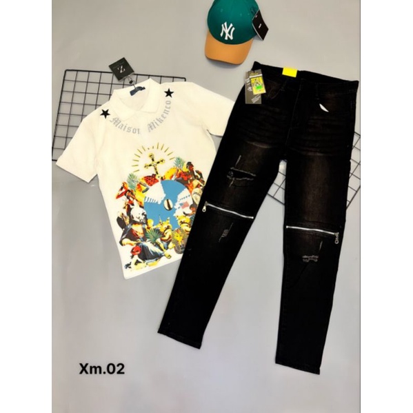 Quần jean nam xanh thêu v2026 rách cá tinh độc