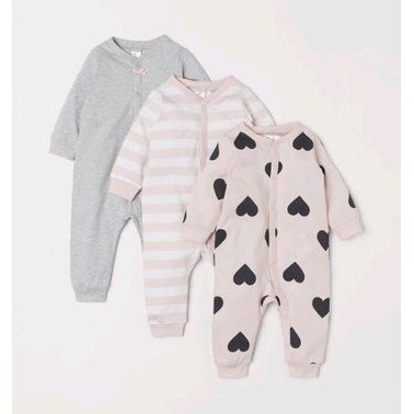 Set 3 body ghi xám, trắng kẻ hồng, hồng trái tim cho bé gái H&M authentic 💯