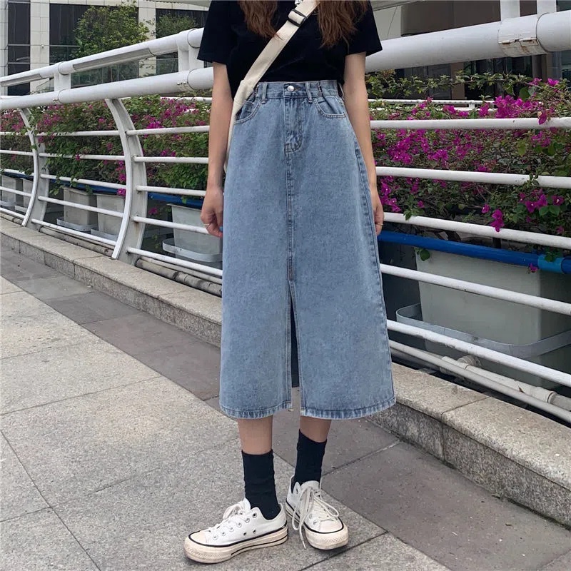 Chân váy jean SUXI dáng chữ A lưng cao màu trơn thời trang cổ điển cho nữ