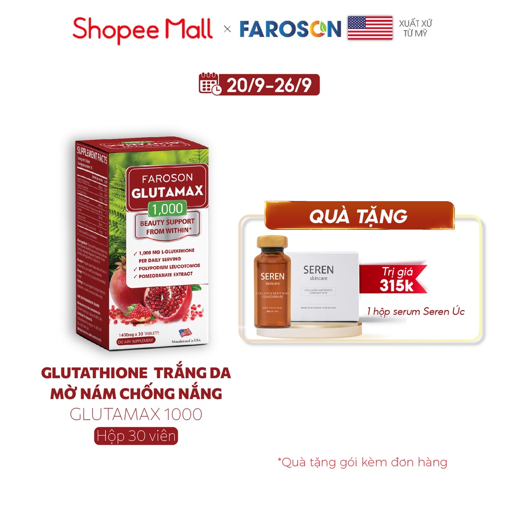 Viên uống glutathione trắng da mờ nám chống nắng Glutamax 1000 hộp 30 viên