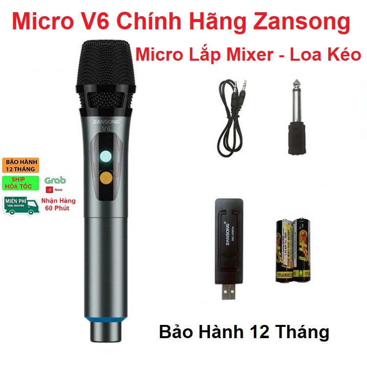 Micro Không Dây Đa Năng, Cắm Cổng 3.5 Và 6 mm, Mic Chính Hãng Zansong V6, Dùng Cho Loa Kéo - Amply - Soundcard - Mixer