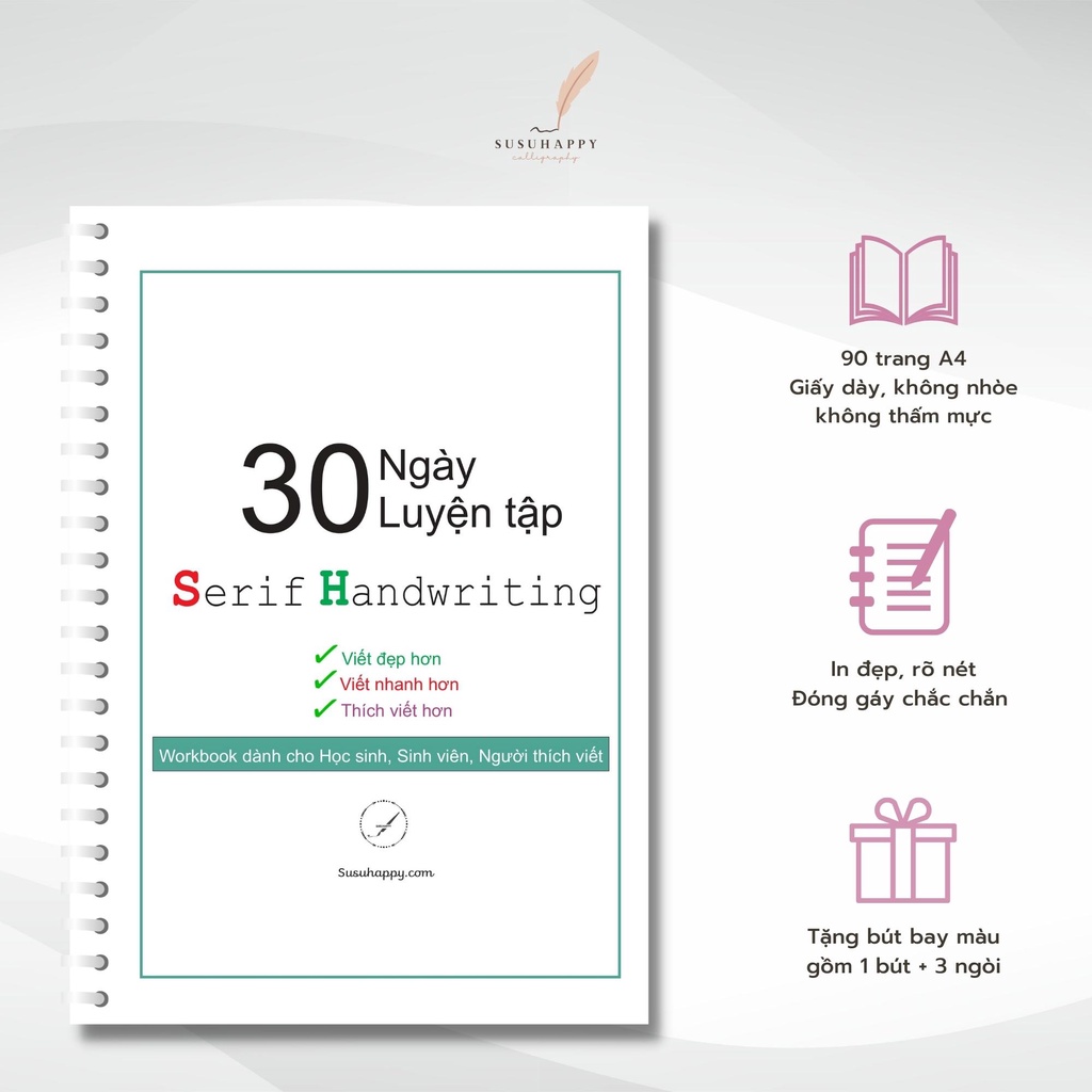 Workbook 30 Ngày Luyện Viết Chữ Serif Handwriting (Font Chữ Có Chân) Dành Cho Người Mới Tập-Tặng Bút Bay Màu+10 NgòiThay