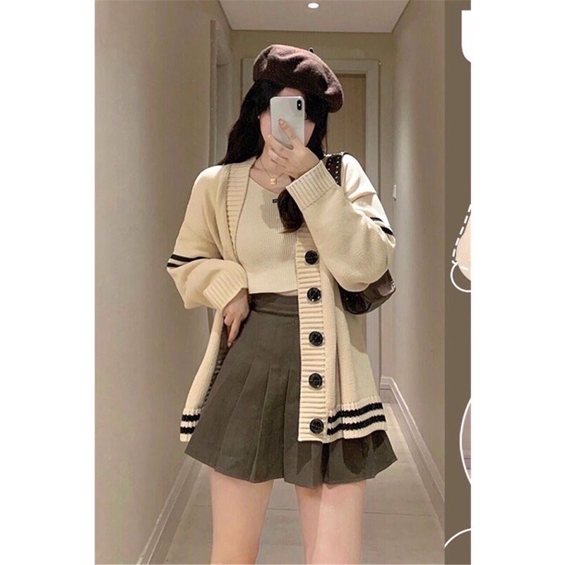 Áo khoác len học sinh nữ tay sọc ngang 2 bên len dày dặn