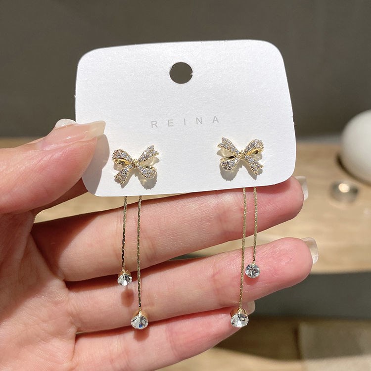 Bông Tai Mạ Bạc 925 Hình Nơ Tua Rua Đính Đá Thời Trang 2022 Sang Trọng Cho Nữ