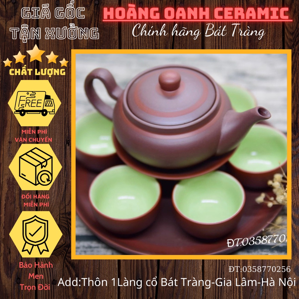 Gốm sứ Bát Tràng-Ấm chén tử sa,đất nung đỏ-Bộ trà đạo,dáng bẹt(bộ không đi kèm 2 món phụ kiện)