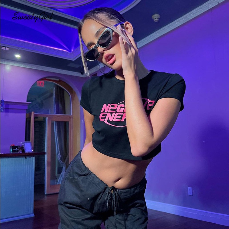 Áo Thun Croptop Tay Ngắn Cổ Tròn Dáng Ôm In Chữ Phối Màu Tương Phản Thời Trang 2022 Cho Nữ