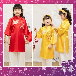 Áo dài mẹ và bé gái thêu hoa mai đào chim hạc vải lụa hoa hồng set áo kèm quần MamLa