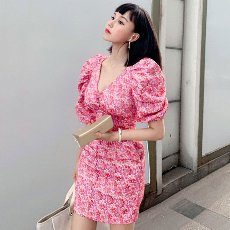 TAFON Elegant French Puff Sleeve Fashion Floral Dress